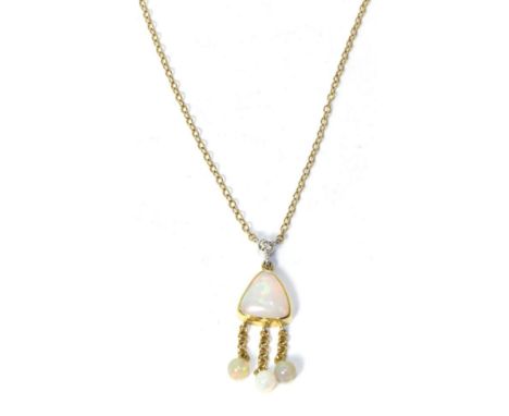 An 18 carat gold opal and diamond necklace, on a fine chain necklace, estimated diamond weight 0.10 carat approximately, drop