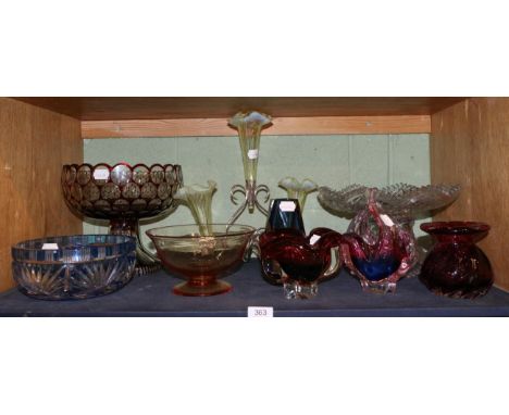 Assorted glassware including a Murano Somnerso vase, two large pedestal bowls, a Vaseline glass epergne etc 