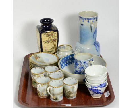 Japanese blue and white vase, bowl, six egg shell cups and saucers, wine pot and four bowls, twin handled cup, bowl, twin han