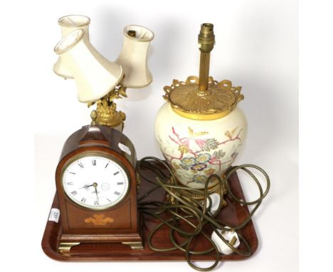 An Austrian porcelain and gilt metal table lamp, alabaster and gilt metal three light table lamp and a reproduction mahogany 