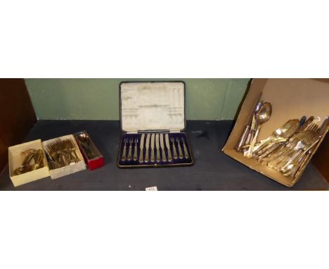 A set of silver handled fruit knives and forks in a fitted case; six silver handled tea knives; and a collection of electropl