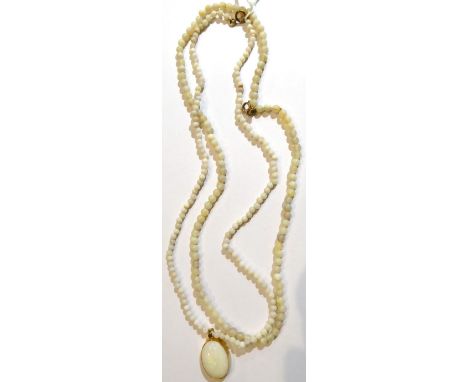 An opal bead necklace, with a 9 carat gold opal pendant, length 40cm and another opal bead necklace, length 40cm (2)