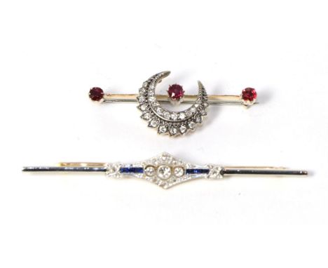 A ruby and diamond crescent bar brooch, total estimated diamond weight 0.20 carat approximately, measures 2cm by 4.3cm and an