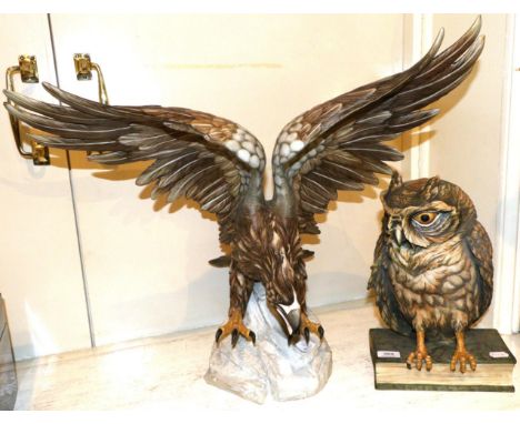 Two modern Italian ceramic bird figures - displaying eagle and owl perched on book