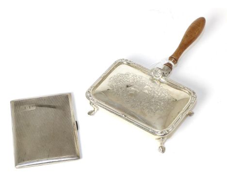 A silver novelty ashtray retailed by Garrards, with hinged cover and turned wood handle; and an engine turned silver cigarett