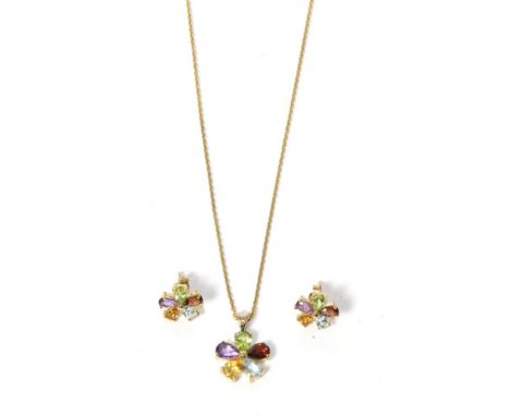 A multi-gemstone pendant on chain and earrings set, a flower pattern pendant set with oval cut peridot, garnet, blue topaz, c
