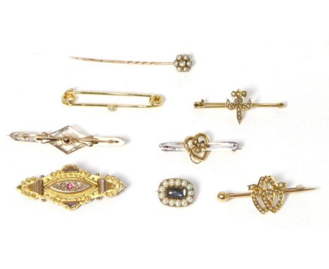 A diamond and seed pearl cluster stick pin (cased), three seed pearl set brooches, an old cut diamond set bar brooch, a seed 