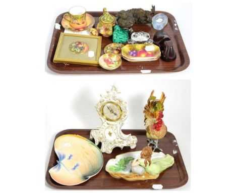 Two trays, comprising collectable china, glass and other ornaments, including Durley fruit painted china and French style man