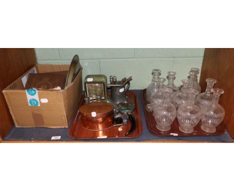 Group of cut glass decanters and associated stoppers; green onyx mantel clock, the dial signed J R Ogden & Sons Ltd, London &