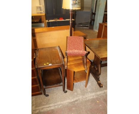 AN OAK DROP LEAF TROLLEY, OAK STOOL, STANDARD LAMP, ETC (4)