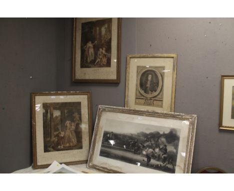 TWO FRAMED AND GLAZED HAND COLOURED FRENCH ENGRAVINGS, ONE TITLED 'LE SERMENT' DEPICTING COURTING COUPLES IN A WOOD, THE OTHE