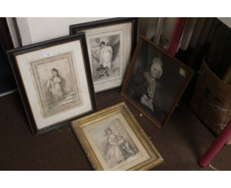 THREE FRAMED AND GLAZED ENGRAVINGS TOGETHER WITH A FRAMED PRINT BEHIND GLASS OF A PORTRAIT OF SARAH GLOVER  