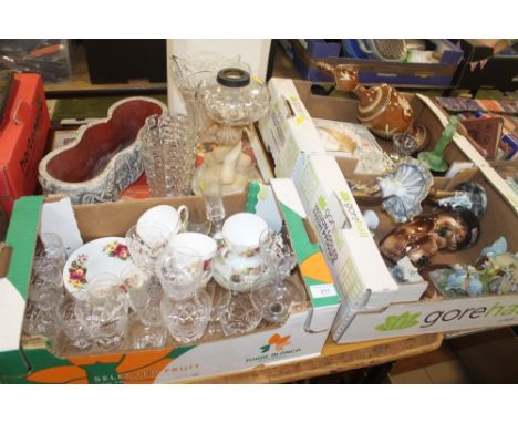 FOUR TRAYS OF CHINA, CERAMICS AND GLASSWARE, ETC TO INCLUDE TWO PRINTS, A BALLERINA FIGURE, ETC