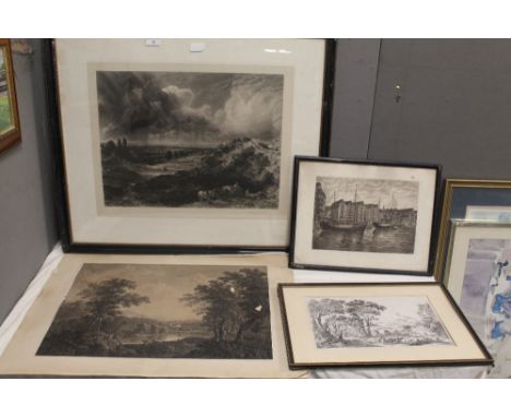 A FRAMED ENGRAVING OF A LANDSCAPE, BERTAUX DESICCOULIUS 1780 A/F, TOGETHER WITH A FRAMED ETCHING DEPICTING A HARBOUR SCENE WI