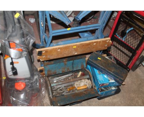 A VAX UPRIGHT VACUUM CLEANER, TOGETHER WITH WORKBENCH AND A SELECTION OF TOOLS, ETC
