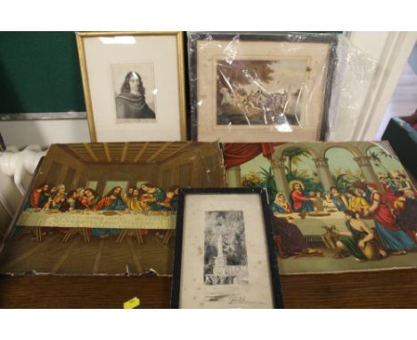 A SELECTION OF COLOURED PRINTS AND ENGRAVINGS TO INCLUDE A PAIR OF COLOURED CHRISTIAN PRINTS, A RIVER BANK SCENE, AND A FRAME