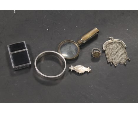 AN ANTIQUE PURSE TOGETHER WITH A SILVER BANGLE, ZIPPO LIGHTER, ETC