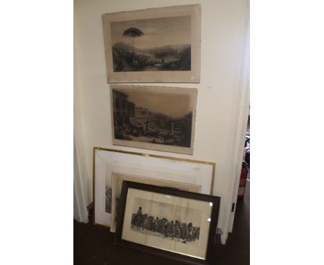 A SELECTION OF PRINTS AND ENGRAVINGS TO INCLUDE A FRAMED PRINT TITLED 'SAVING THE GUNS AT MAIWAND 1893' (BRITISH ROYAL HORSE 