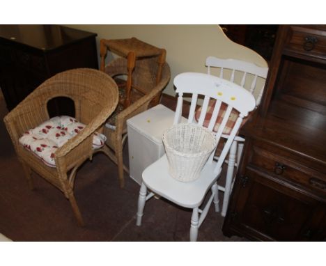A SELECTION OF VARIOUS FURNITURE TO INCLUDE WHITE PAINTED CHAIR AND STOOL, WICKER CHAIRS, ETC