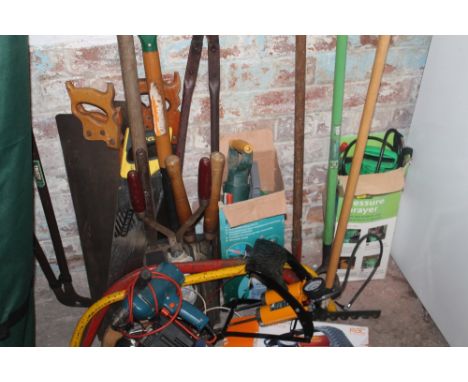 A SELECTION OF GARDENING TOOLS, ETC