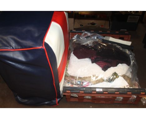 A LARGE TRAY OF LINEN TOGETHER WITH AN ENGLAND POUFFE 