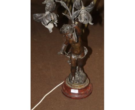 A SPELTER STYLE LAMP 'LA FORET PAR FERRAND' MARKED FERRAND A/F