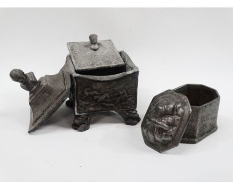 18th/19th century lead boxes - Two late 18th/early 19th century lead tobacco boxes, the first decorated with hunters on horse