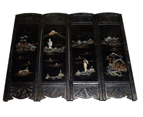 Japanese screen - A low four fold mother of pearl and lacquer screen, height 90cm, width 110cm. 