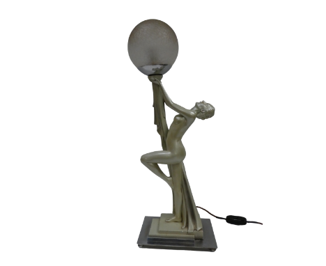 A G. Leonardi Art Deco lamp - A plaster lamp modelled as a naked lady holding aloft a glass globe on a chromed rectangular ba