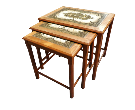 Danish mid century tables - A nest of three tile topped tables, marked to base 'Mobelfabrikken Toften', height of largest 48c
