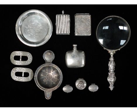 Silver - An Asprey small silver gilt engine turned compact, Chester 1914, length 6.5cm, width 3.5cm, a magnifying glass with 