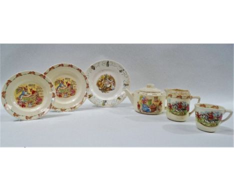 Royal Doulton Bunnykins - A part tea service comprising of a teapot, a milk jug, a small mug and two plates, largest diameter