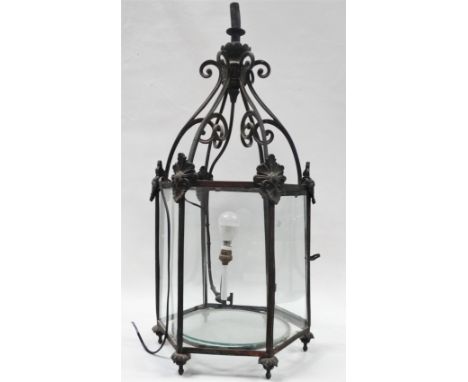 19th century hall lantern - A bronze hall lantern with six glazed panels, originally gas now converted to electricity, height