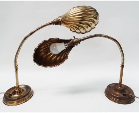 Mid century lighting - A pair of 20th century adjustable brass desk lamps, each with a scalloped shade.