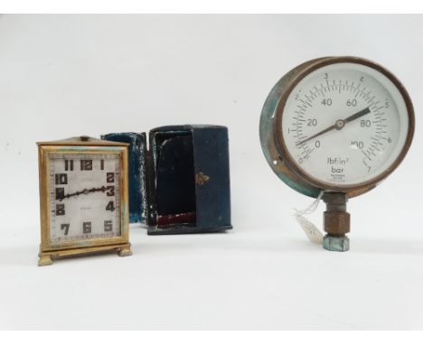 Zenith Watch Co. alarm clock - A brass cased 8 day clock, the rectangular dial impressed 'Meader Boscombe', in fitted case, h