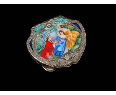 Italian silver and enamel - A silver patch box, the lid with enamel decoration of three figures, width 4.5cm, depth 4cm. 