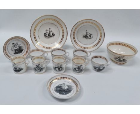 19th century bat print wares - A quantity of ceramics gilt painted and printed with nursery scenes, to include two shallow di