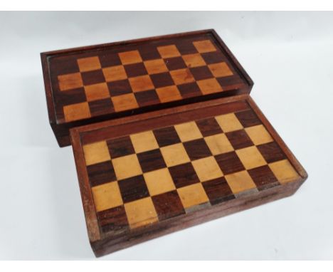 Chess boards - A backgammon board with bone and ebony inlay and chequered top, height 10cm, open 52 x 52cm, together with ano