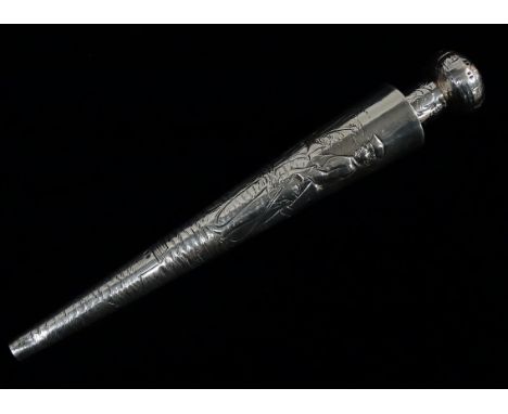Victorian silver perfume flask - A silver lay down perfume flask, decorated with a gentleman in a wooded landscape, with a ch
