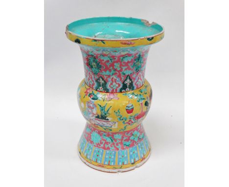 19th century Chinese vase - A Chinese famille rose vase, the central yellow ground band decorated with vases of flowers and s