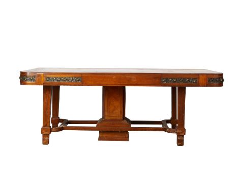 Large Art Deco wooden dining set with inlaid bronze bands along the edge of both the table and chairs. The table with marquet