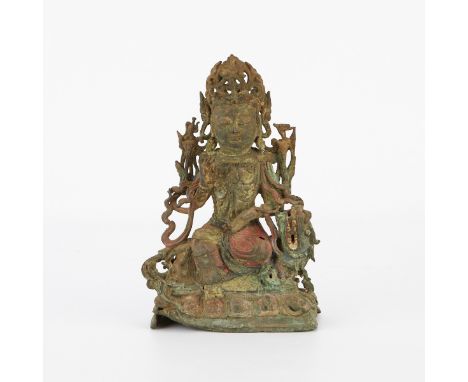 Ming or early Qing Dynasty Chinese polychrome bronze Boddhisatva deity. The Boddhisatva wears a headdress and rests atop a dr