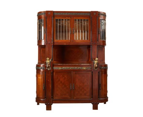 Italian wooden credenza with inlaid marquetry along the lower four cabinet doors. There are gilt bronze decorations inset alo