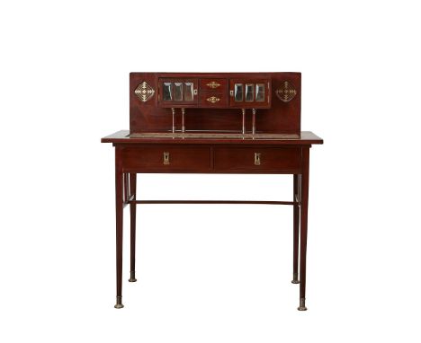 Austrian secessionist desk, ca. 1900-1905. With lovely inlaid blue and gold geometric fabric writing surface. With a low back