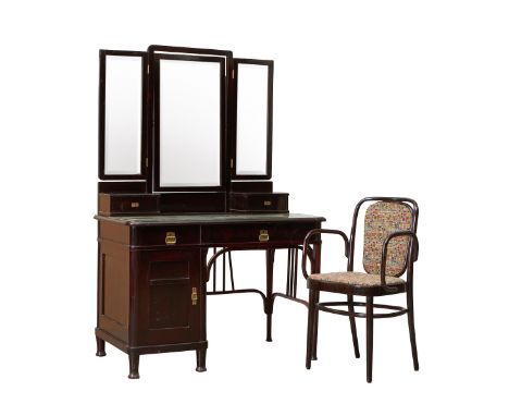 Thonet, Vienna. A bentwood dressing table vanity set with mirrored desk and lovely matching upholstered chair. The desk with 