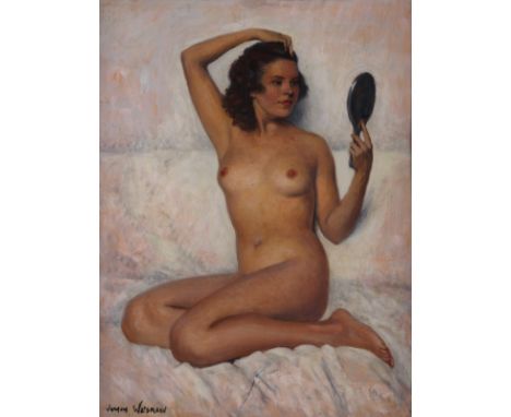 Jacques Weismann (French, 1878-1962). Oil on board titled "Coquette Au Miroir," depicting a seated nude woman fixing her hair