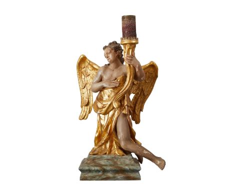 Large wooden gilt and gesso candlestick in the form of an angel kneeling on a marble base.Provenance: From the Estate of Hors