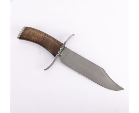 Sid Birt (American, 20th/21st c.) Handmade bowie hunter knife with a wooden handle. Marked along the ricasso. With a leather 