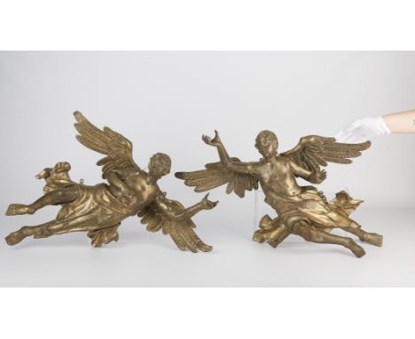 Pair of 19th century gilt bronze angels with outstretched wings and elegantly flowing robes.Provenance: From the Estate of Ho