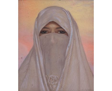 Francisco Gras (Spanish, 1878-d. unknown). Orientalist pastel drawing on paper titled "Veiled Woman," depicting a woman in a 